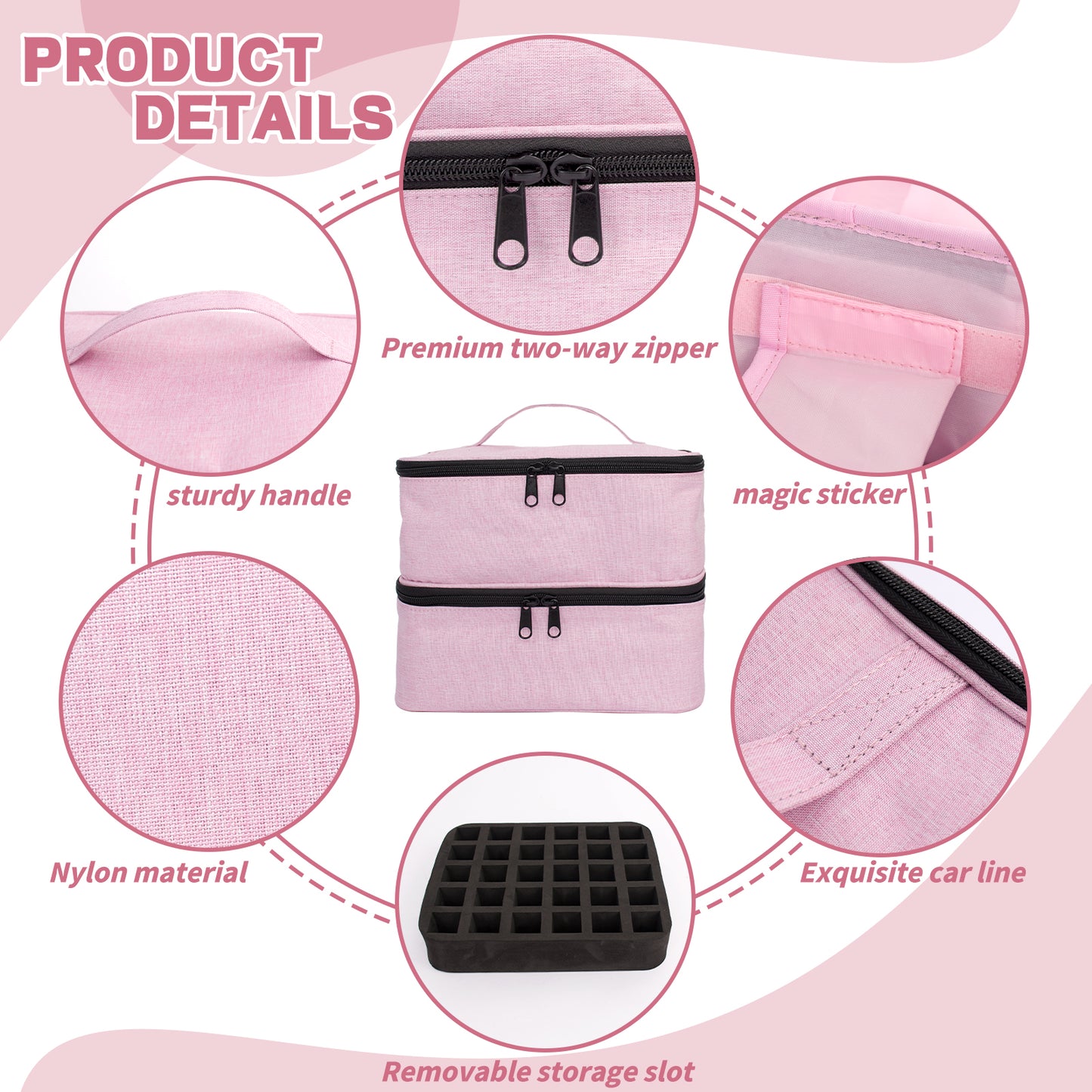 DSVENROLY Nail Polish Organizer and Nail Lamp Case, 2-Layer Nail Polish Storage Case Bag Holds 30 Bottles (15ml), Portable Nail Polish Holder with Adjustable Dividers for Manicure Set