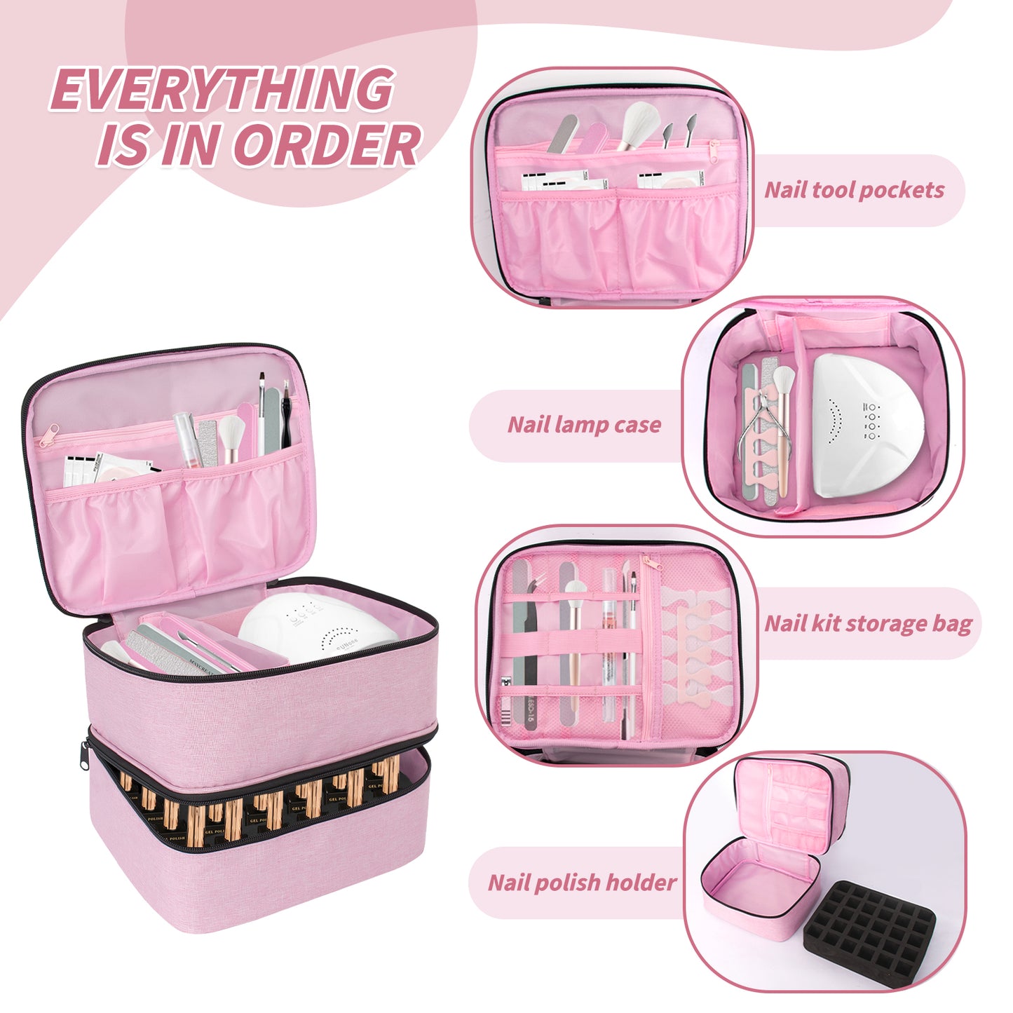 DSVENROLY Nail Polish Organizer and Nail Lamp Case, 2-Layer Nail Polish Storage Case Bag Holds 30 Bottles (15ml), Portable Nail Polish Holder with Adjustable Dividers for Manicure Set