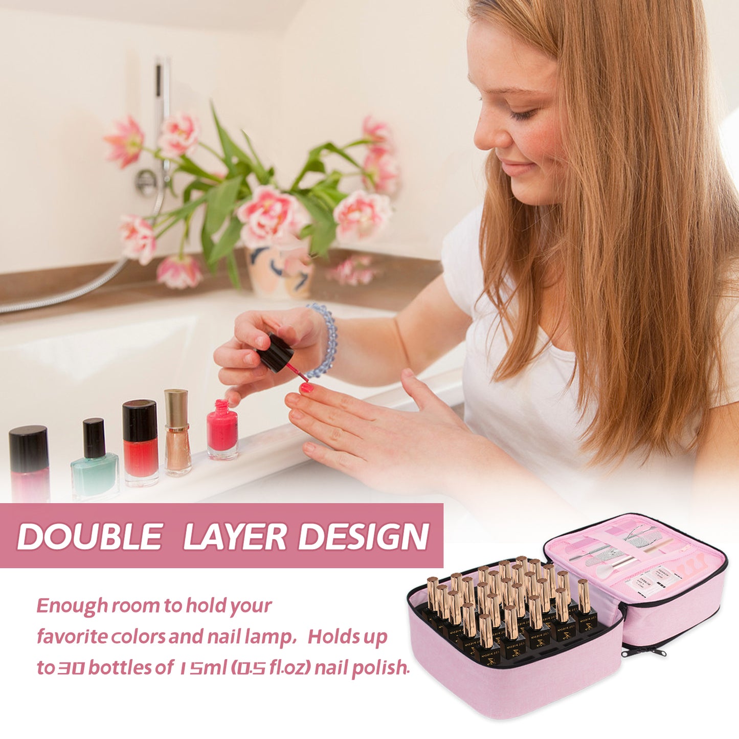 DSVENROLY Nail Polish Organizer and Nail Lamp Case, 2-Layer Nail Polish Storage Case Bag Holds 30 Bottles (15ml), Portable Nail Polish Holder with Adjustable Dividers for Manicure Set