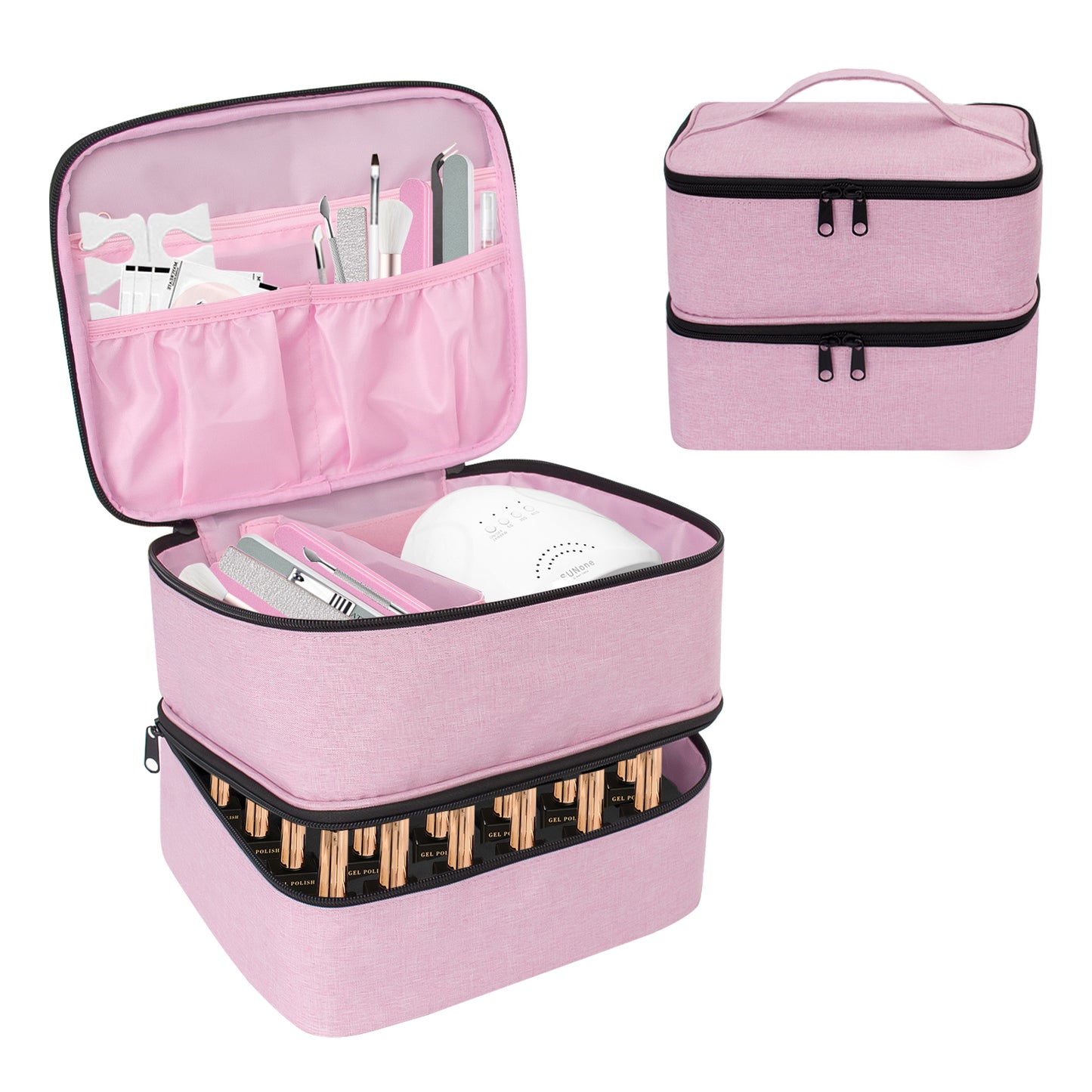 DSVENROLY Nail Polish Organizer and Nail Lamp Case, 2-Layer Nail Polish Storage Case Bag Holds 30 Bottles (15ml), Portable Nail Polish Holder with Adjustable Dividers for Manicure Set