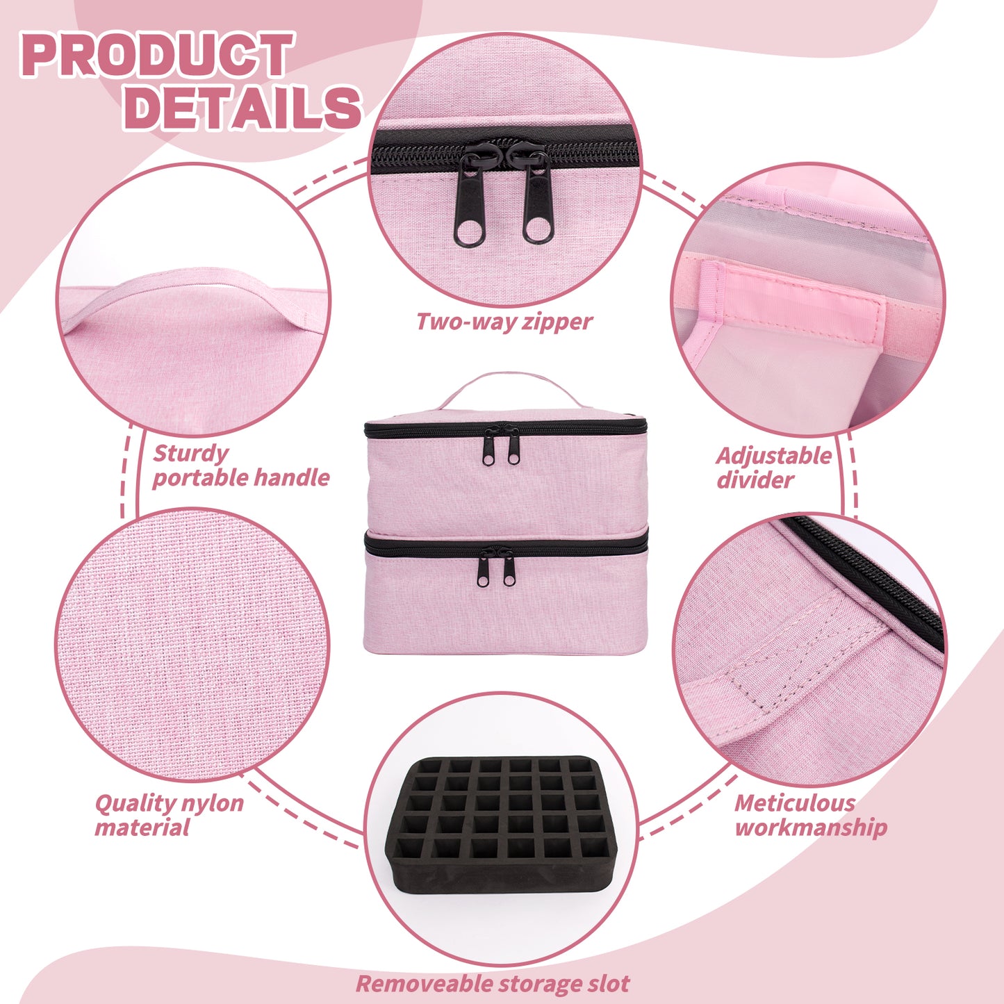 DSVENROLY Nail Polish Organizer and Nail Lamp Case, 2-Layer Nail Polish Storage Case Bag Holds 30 Bottles (15ml), Portable Nail Polish Holder with Adjustable Dividers for Manicure Set